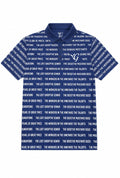 Blue polo shirt with white text pattern on a white background