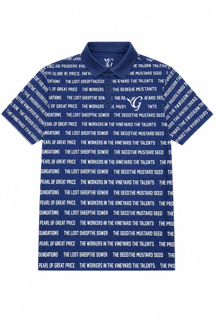 Blue polo shirt with white text pattern on a white background