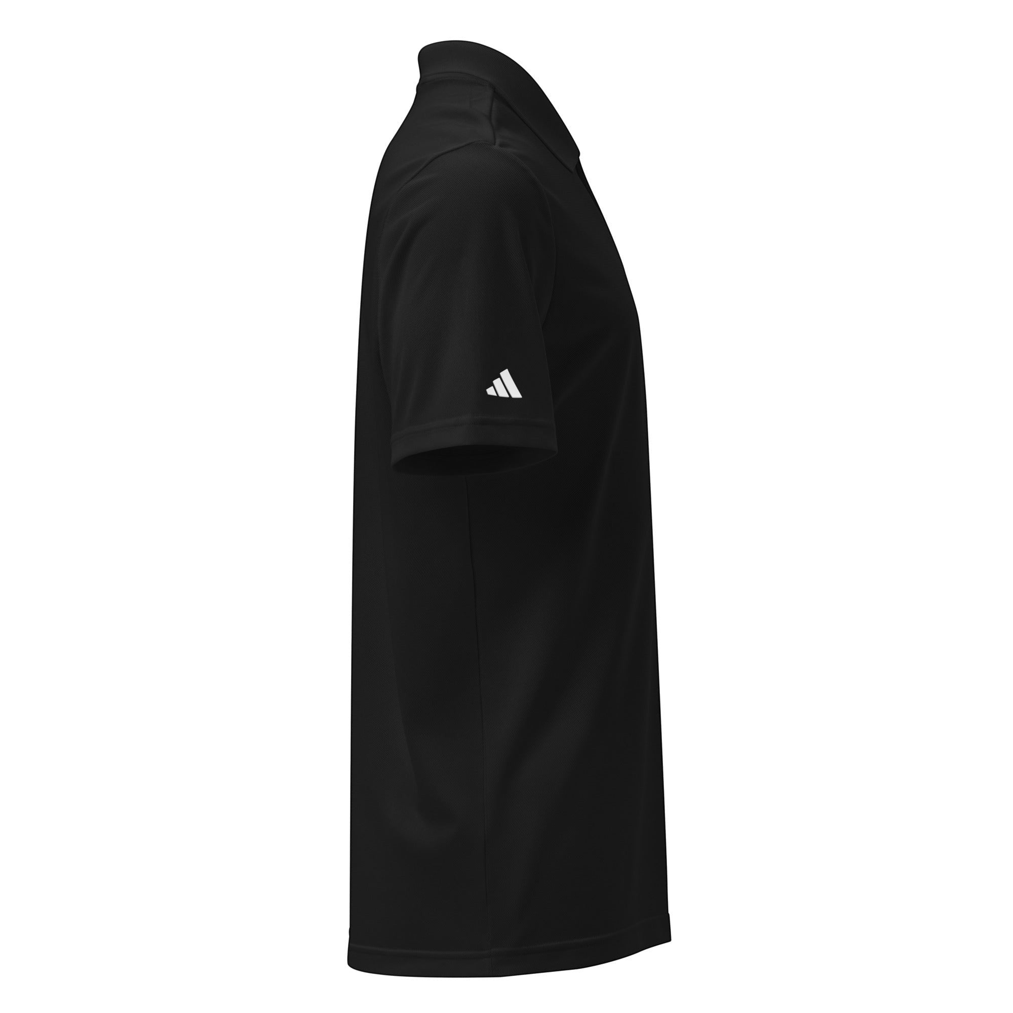 Parable Golf black 100% recycled polyester piqué golf polo with hydrophilic finish and contrast logo on sleeve.