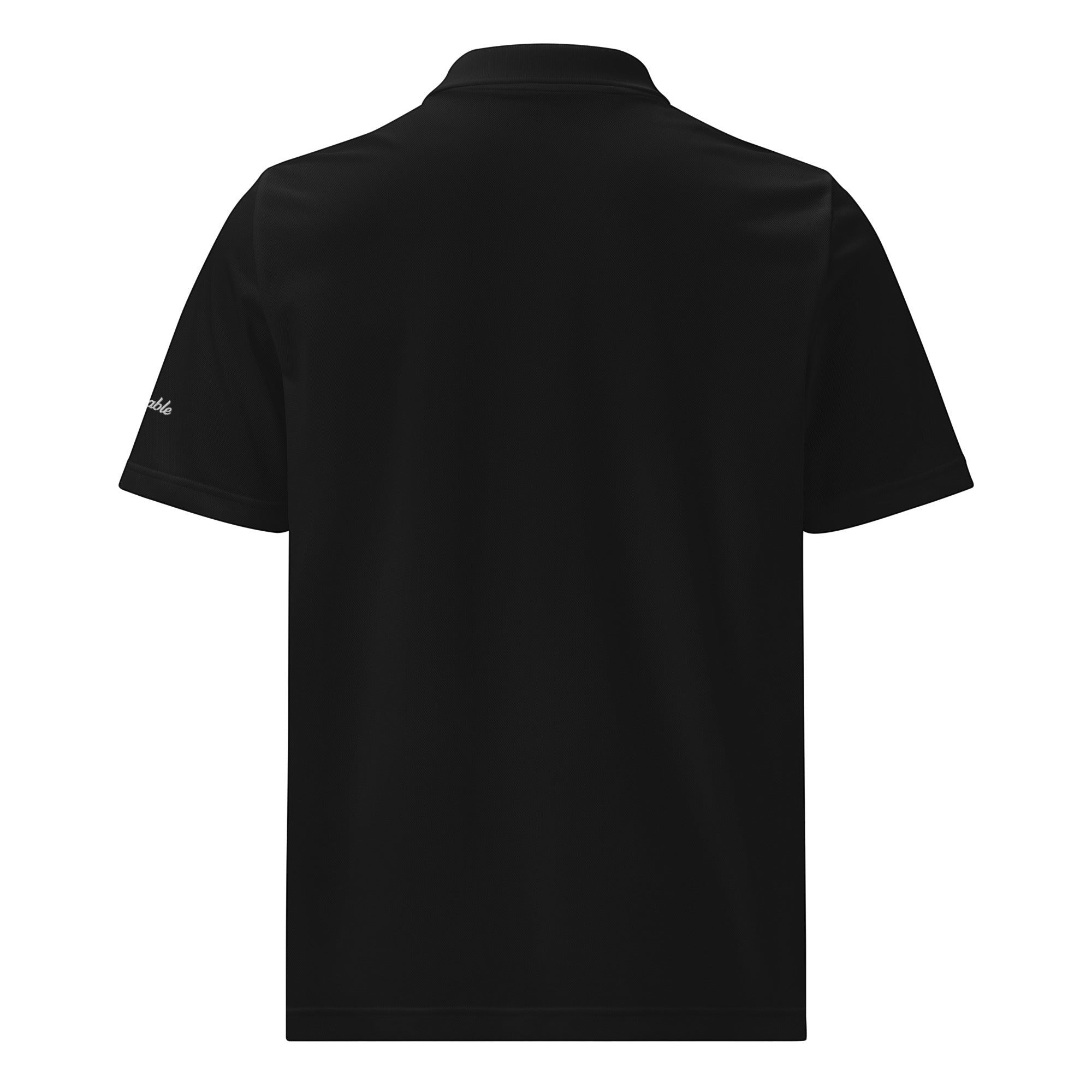 Parable Golf black short-sleeve polo shirt made from recycled polyester with hydrophilic finish and embroidered logo on sleeve.