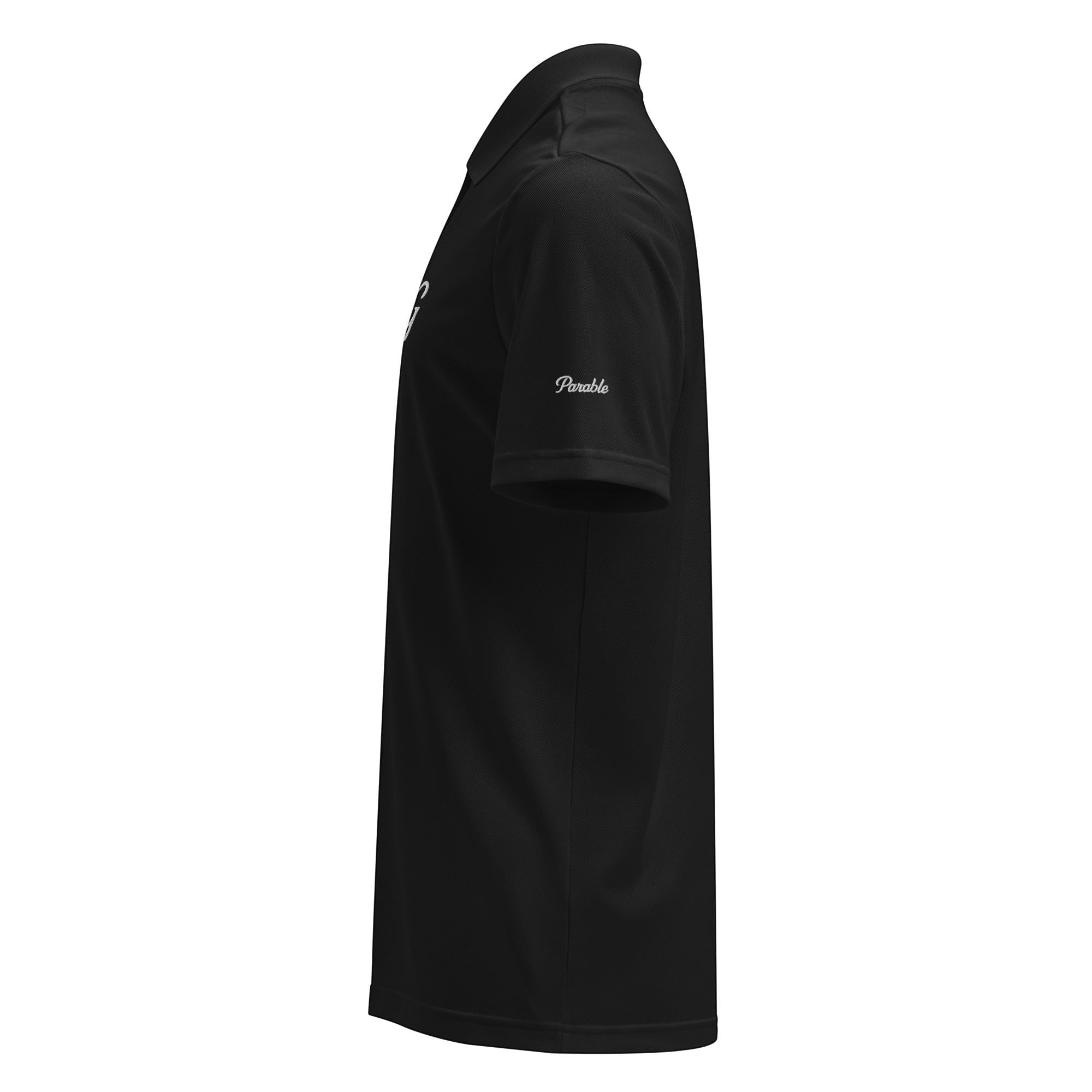 Parable Golf black short-sleeve polo shirt made from 100% recycled polyester piqué with hydrophilic finish.