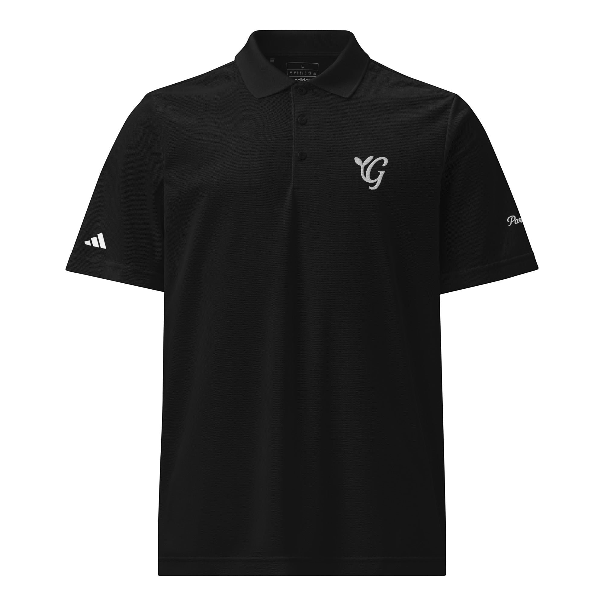 Parable Golf black 100% recycled polyester piqué golf polo with hydrophilic finish and contrast logo.