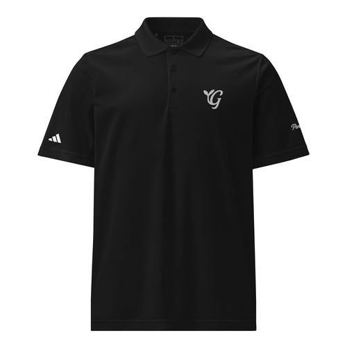 Parable Golf black 100% recycled polyester piqué golf polo with hydrophilic finish and contrast logo.