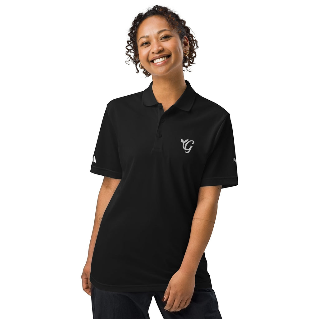 Parable Golf black 100% recycled polyester piqué polo with hydrophilic finish and embroidered logo.