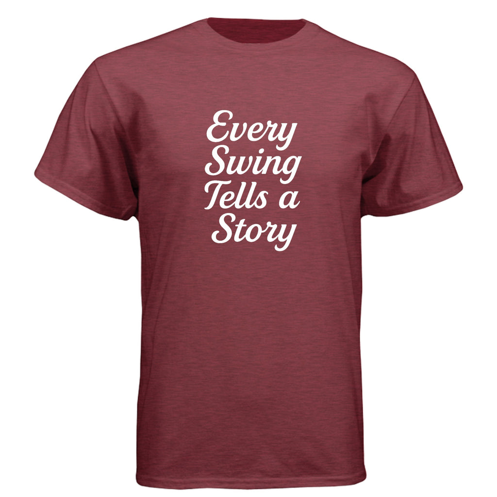 Parable Golf maroon heathered cotton-poly blend t-shirt with white "Every Swing Tells a Story" script graphic.