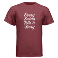Parable Golf maroon heathered cotton-poly blend t-shirt with white "Every Swing Tells a Story" script graphic.