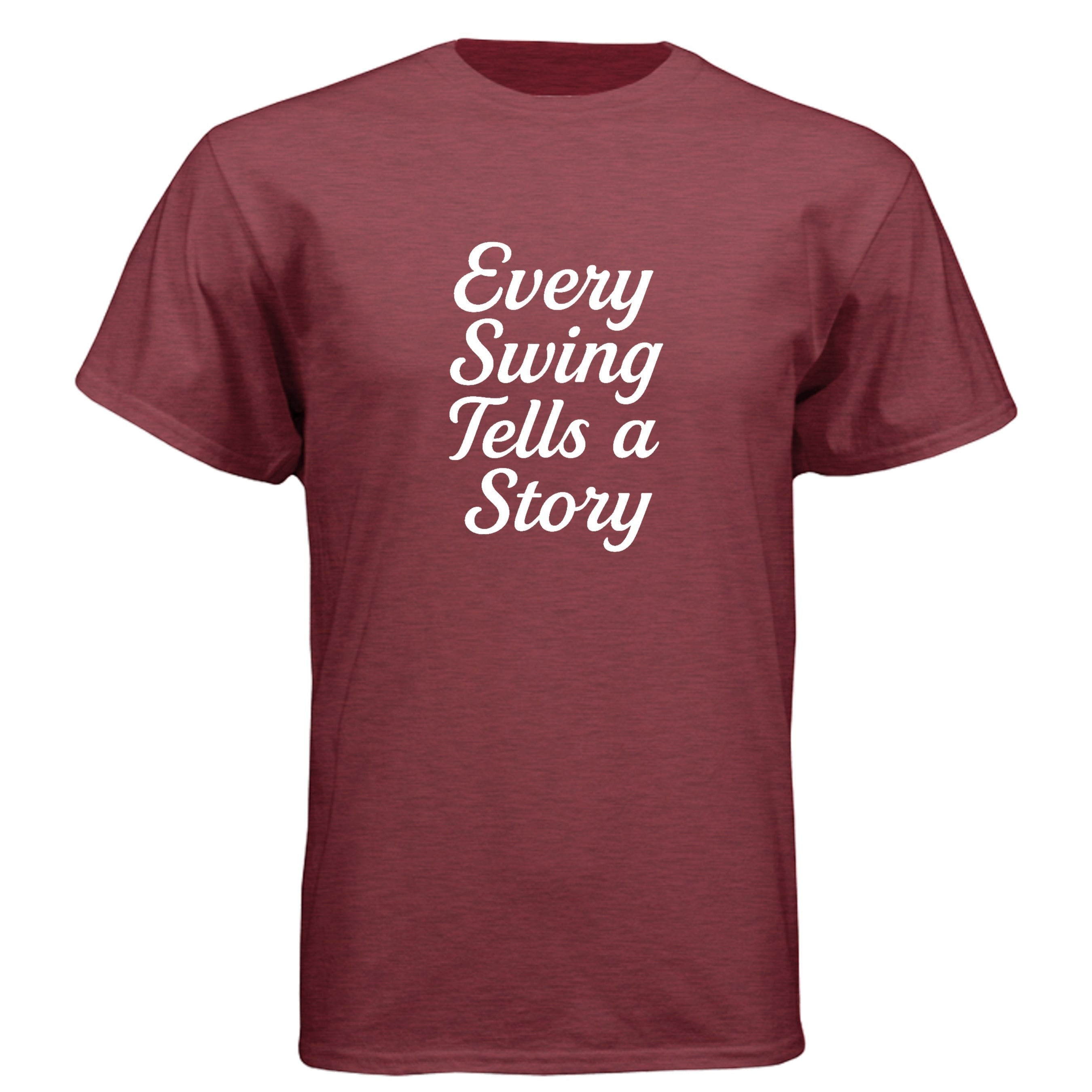Parable Golf maroon heathered cotton-poly blend t-shirt with white "Every Swing Tells a Story" script graphic.