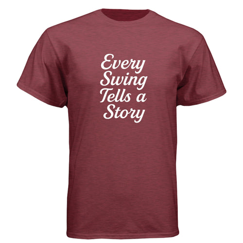 Parable Golf maroon heathered cotton-poly blend t-shirt with white "Every Swing Tells a Story" script graphic.