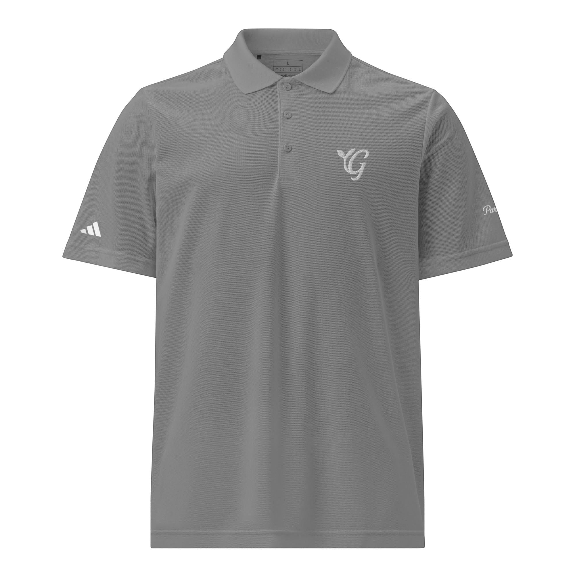 Parable Golf grey 100% recycled polyester piqué golf polo with hydrophilic finish and athletic fit.