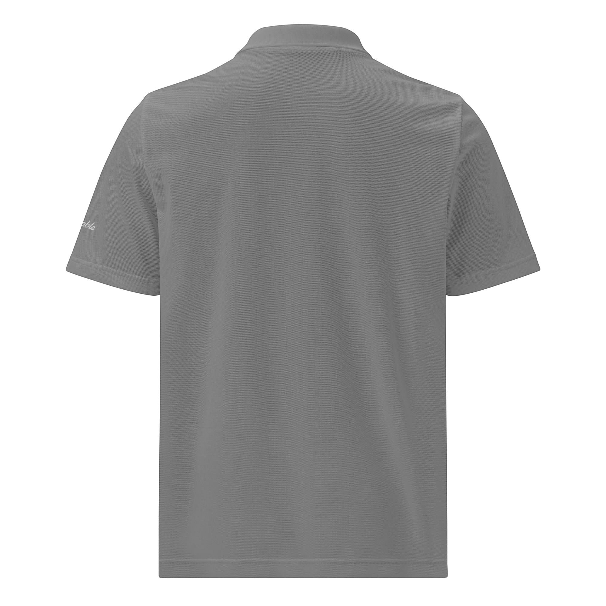 Parable Golf grey short-sleeve polo shirt made from 100% recycled polyester piqué with hydrophilic finish.