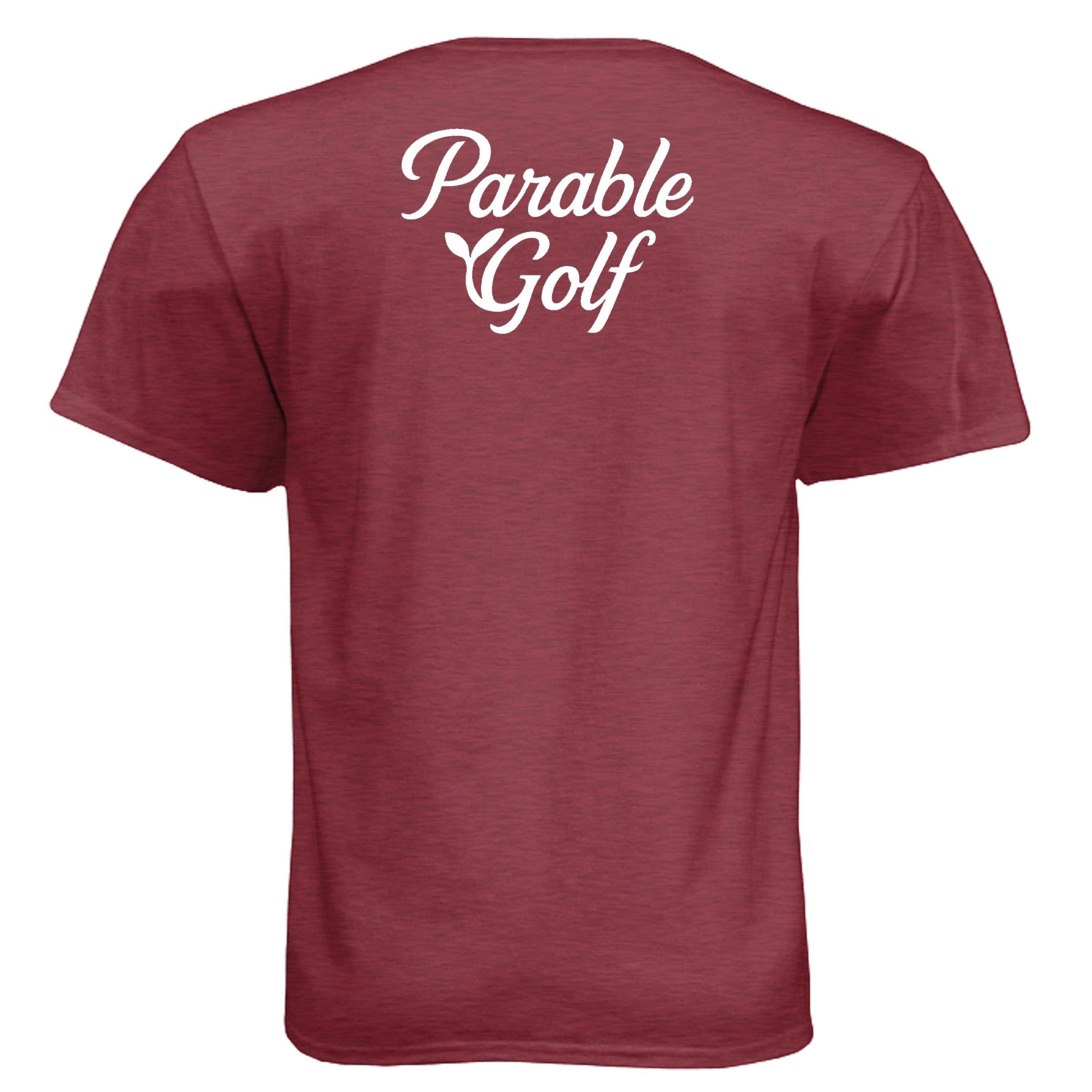 Parable Golf heathered maroon t-shirt with vintage script logo on back. 60/40 cotton-poly blend.