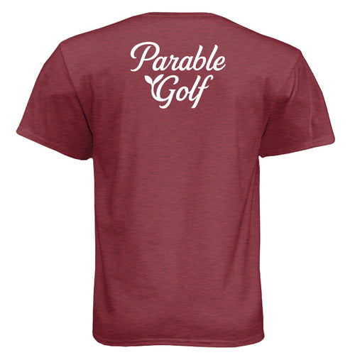 Parable Golf heathered maroon t-shirt with vintage script logo on back. 60/40 cotton-poly blend.