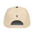 Parable Golf Heritage Hat in natural beige with navy embroidered logo and navy button. 65% polyester, 35% cotton.