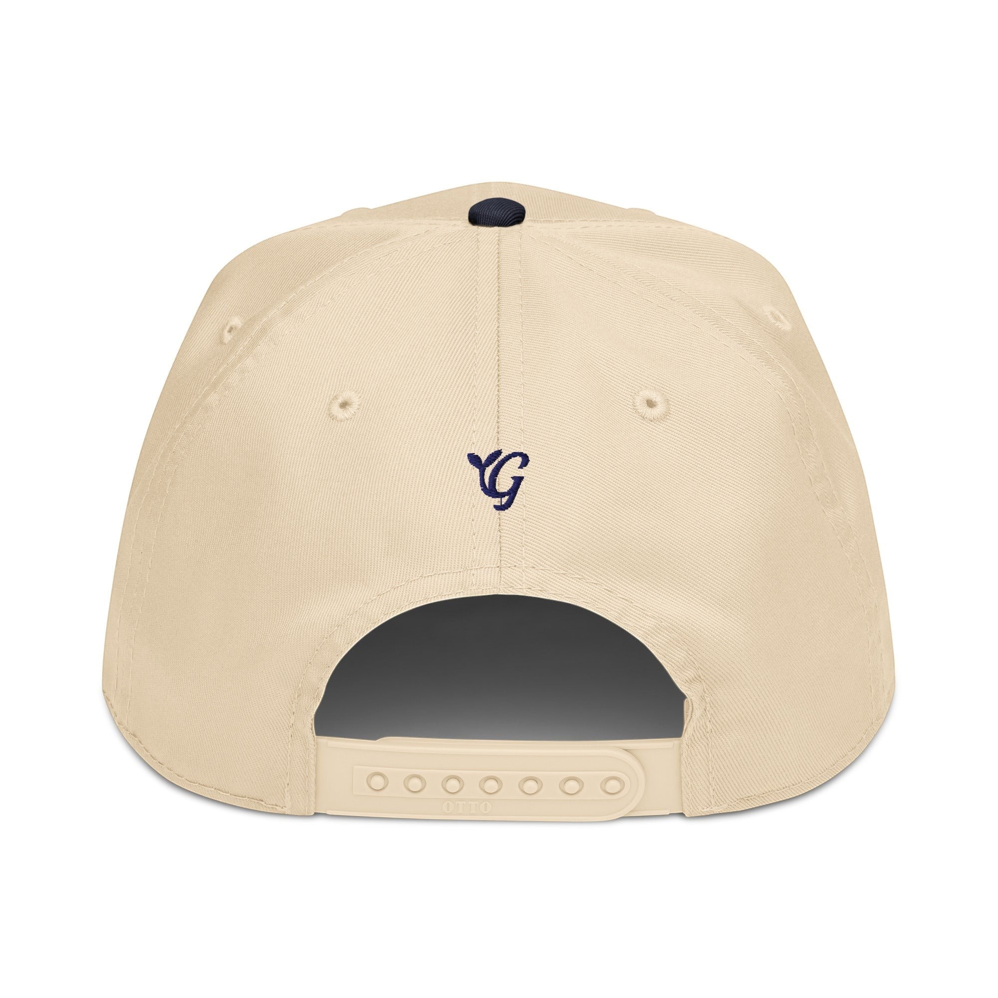 Parable Golf Heritage Hat in natural beige with navy embroidered logo and navy button. 65% polyester, 35% cotton.