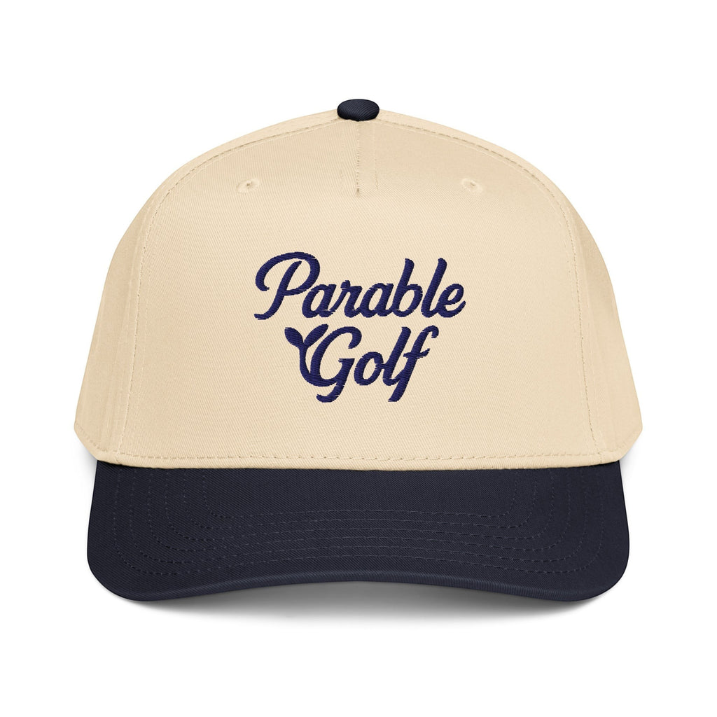 Parable Golf Heritage Hat in navy and natural cotton-polyester blend with embroidered script logo. 5-panel design.