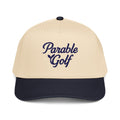 Parable Golf Heritage Hat in navy and natural cotton-polyester blend with embroidered script logo. 5-panel design.