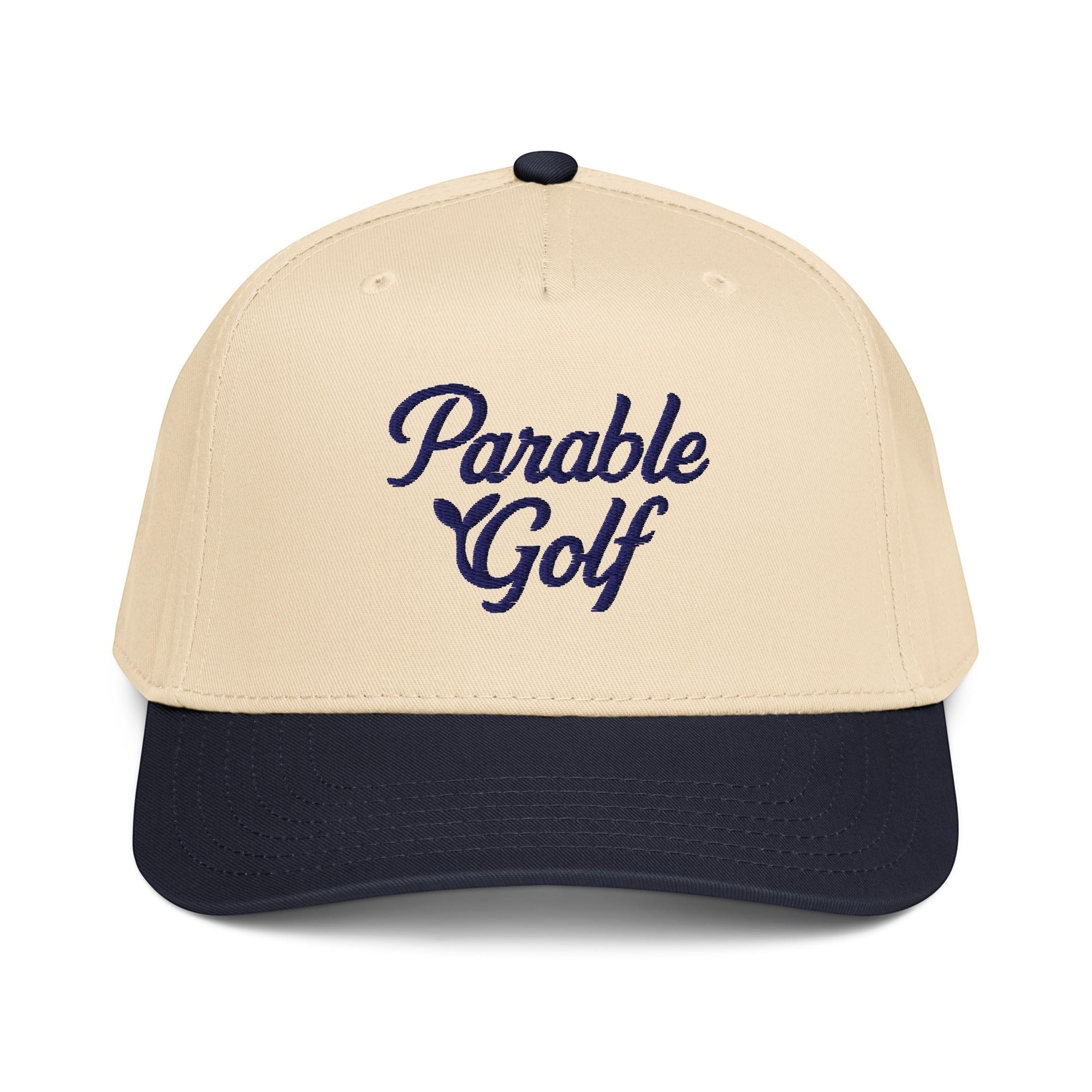 Parable Golf Heritage Hat in navy and natural cotton-polyester blend with embroidered script logo. 5-panel design.