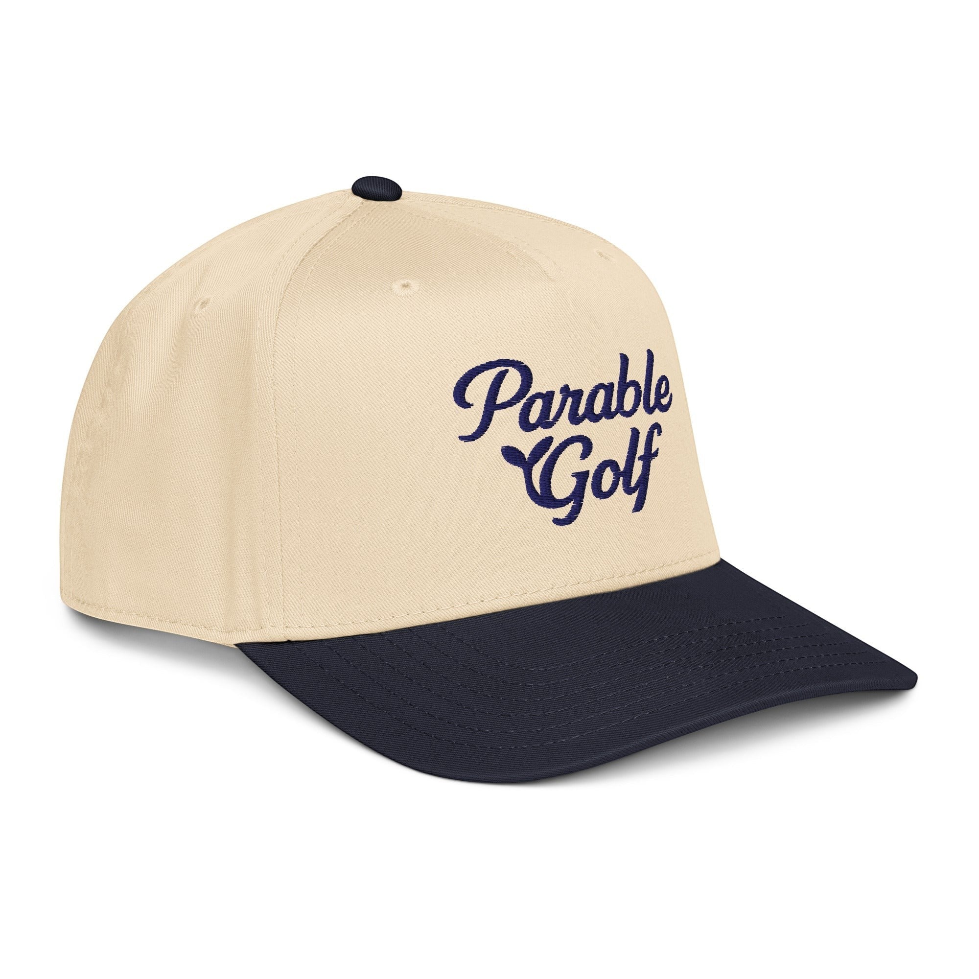 Parable Golf Heritage Hat in navy and natural cotton-polyester blend with embroidered script logo. 5-panel design.