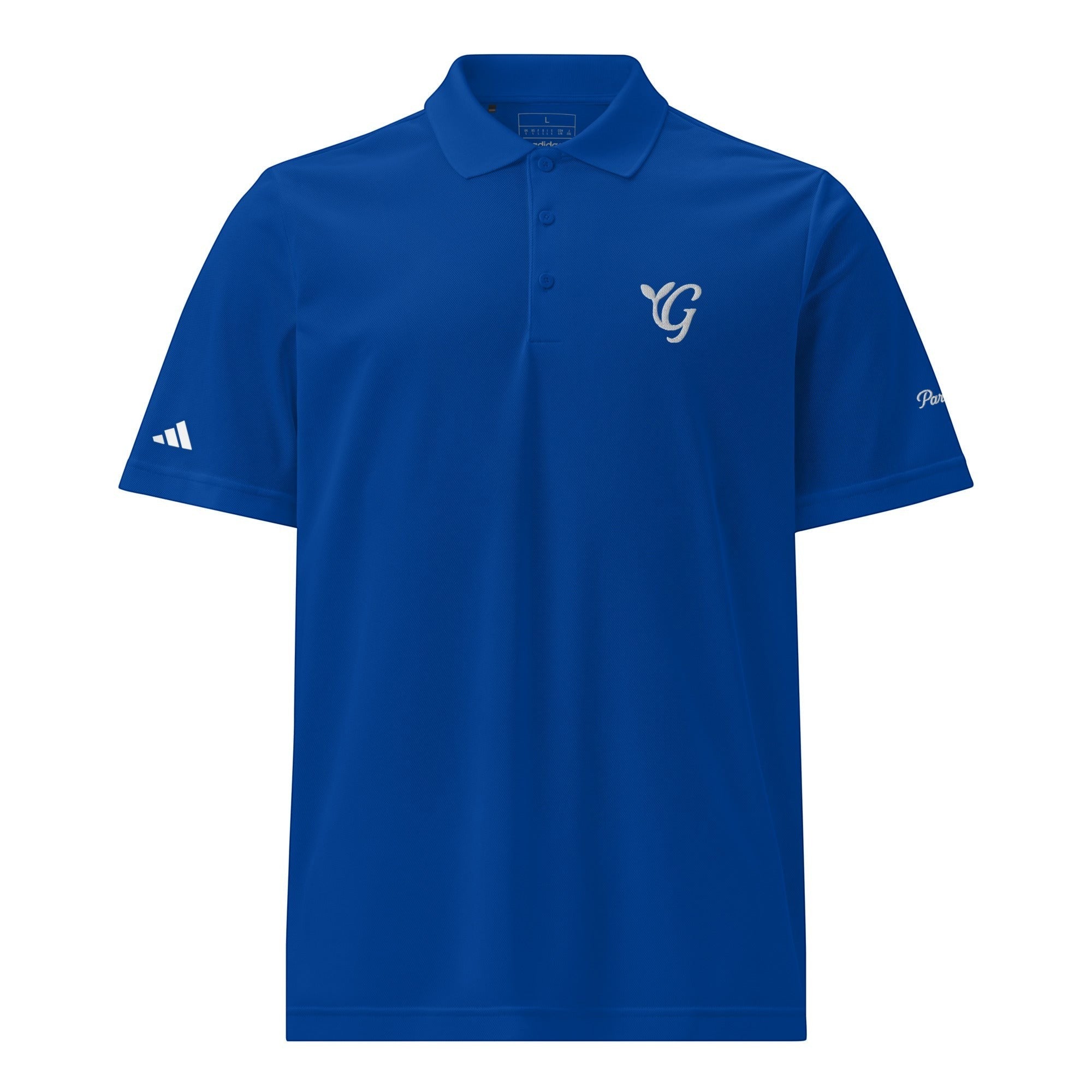Parable Golf Ladies royal blue recycled polyester piqué golf polo with hydrophilic finish and three-button placket.