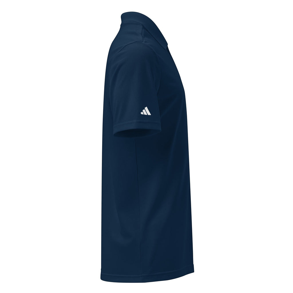 Parable Golf navy blue recycled polyester piqué golf polo with hydrophilic finish and contrast logo on sleeve.
