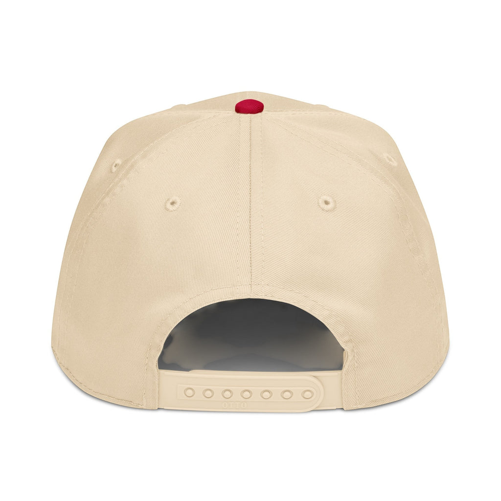Parable Golf beige 5-panel hat with red button detail and adjustable snapback closure.