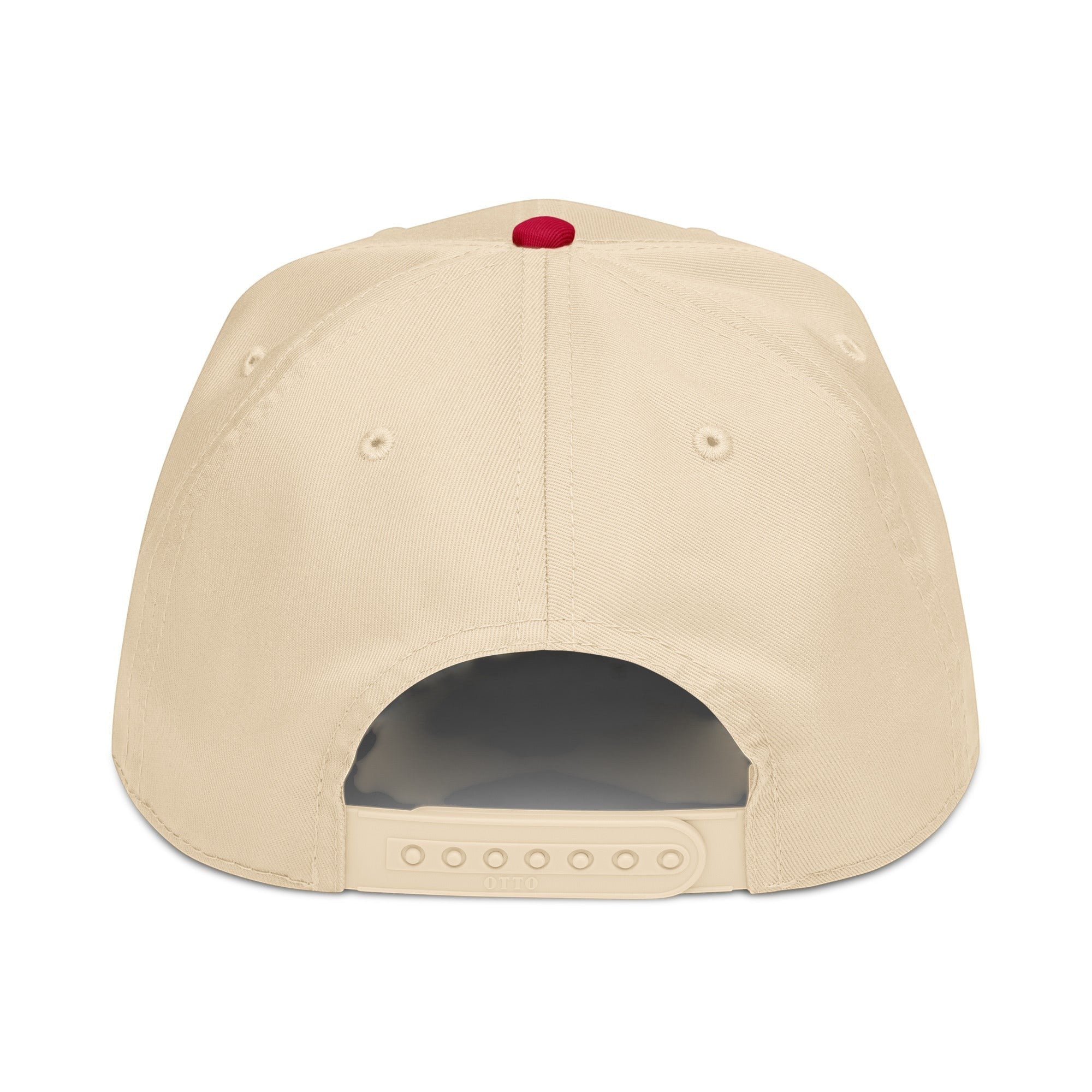 Parable Golf beige 5-panel hat with red button detail and adjustable snapback closure.