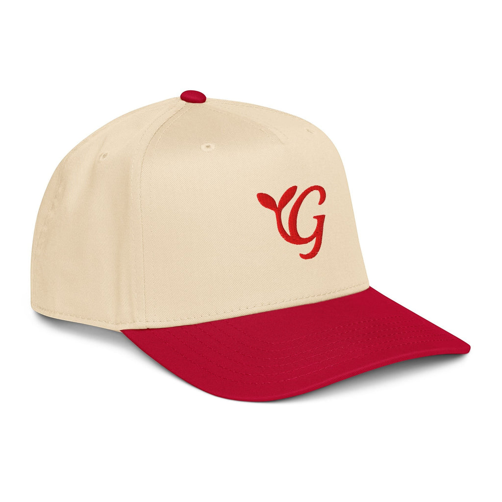 Parable Golf Red Letter Hat in cream with red brim and embroidered logo. 65% polyester, 35% cotton.