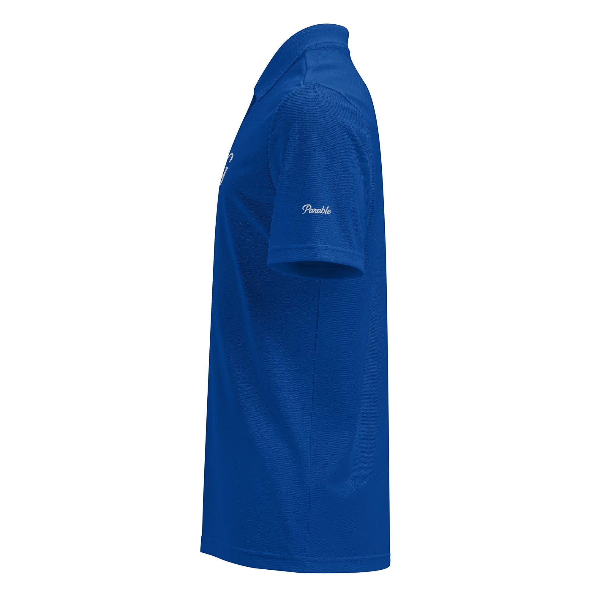 Parable Golf royal blue 100% recycled polyester piqué polo shirt with hydrophilic finish and embroidered logo on sleeve.
